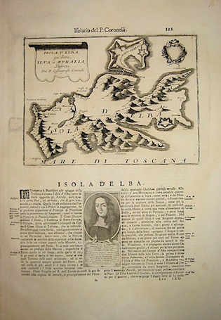 Coronelli Vincenzo Maria (1650-1718) Isola d'Elba, già  detta Ilva, et Aethalia, descritta dal P. Cosmografo Coronelli (recto). Città , e fortezza di Livorno (verso) 1690 ca.  Venezia